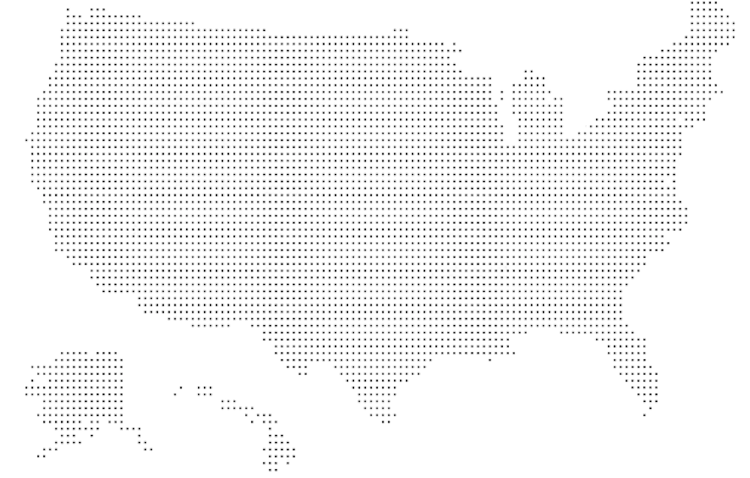 A dotted map of the United States, including Alaska and Hawaii, on a light background.